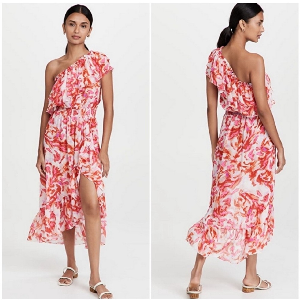 MISA Rumi Midi Dress Maldive Marble One Shoulder Ruffle Resort Wedding Guest